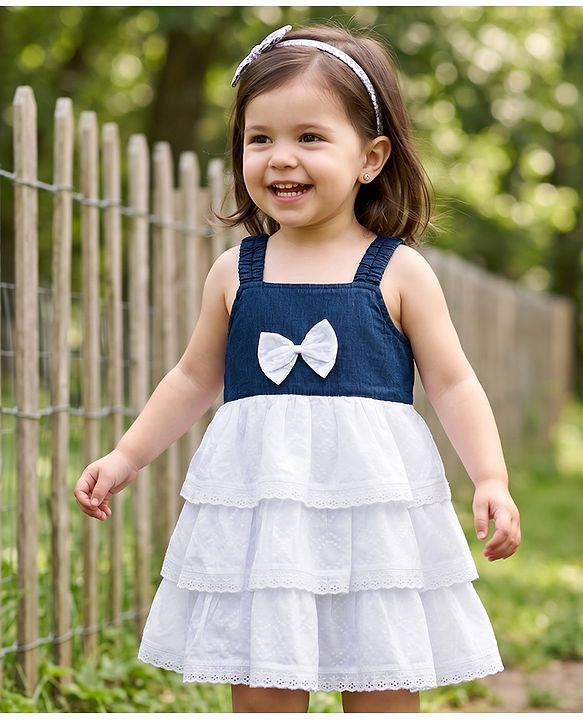 Babyhug Cotton Woven Sleeveless Layered Frock With Bow Applique - Navy Blue & White