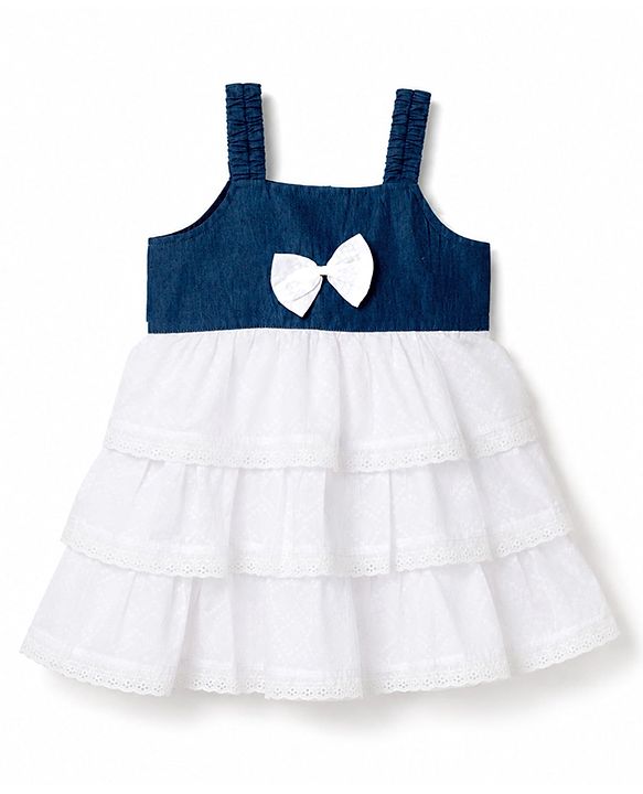 Babyhug Cotton Woven Sleeveless Layered Frock With Bow Applique - Navy Blue & White