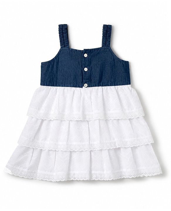 Babyhug Cotton Woven Sleeveless Layered Frock With Bow Applique - Navy Blue & White