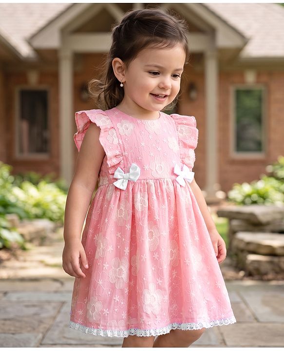 Babyhug Cotton Woven Half Frill Sleeves Floral Embroidered Frock With Bow Applique - Pink