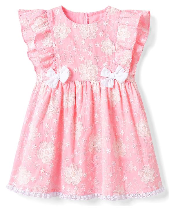 Babyhug Cotton Woven Half Frill Sleeves Floral Embroidered Frock With Bow Applique - Pink