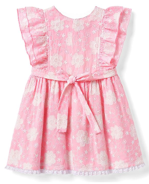 Babyhug Cotton Woven Half Frill Sleeves Floral Embroidered Frock With Bow Applique - Pink