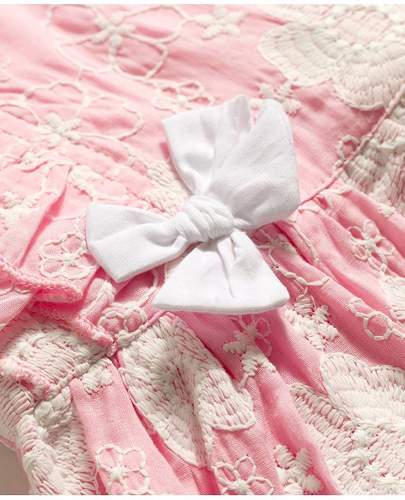 Babyhug Cotton Woven Half Frill Sleeves Floral Embroidered Frock With Bow Applique - Pink