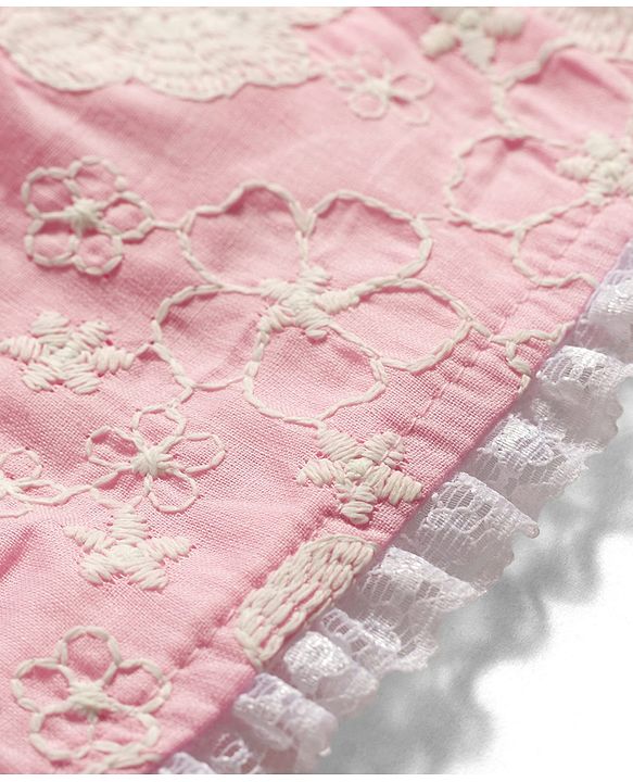 Babyhug Cotton Woven Half Frill Sleeves Floral Embroidered Frock With Bow Applique - Pink