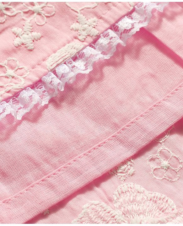 Babyhug Cotton Woven Half Frill Sleeves Floral Embroidered Frock With Bow Applique - Pink