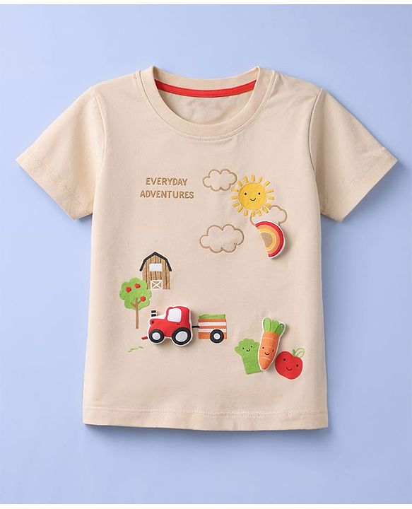 Babyhug Cotton Knit Half Sleeves T-Shirt With Farm Theme & Applique - Multicolor