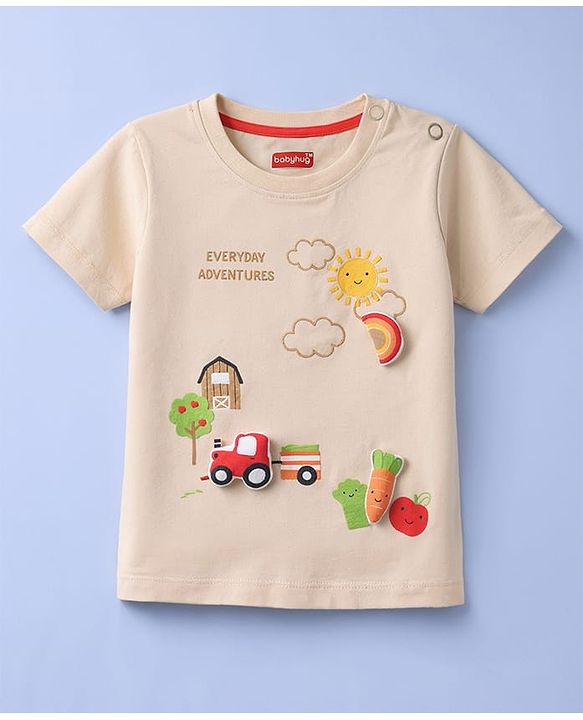 Babyhug Cotton Knit Half Sleeves T-Shirt With Farm Theme & Applique - Multicolor