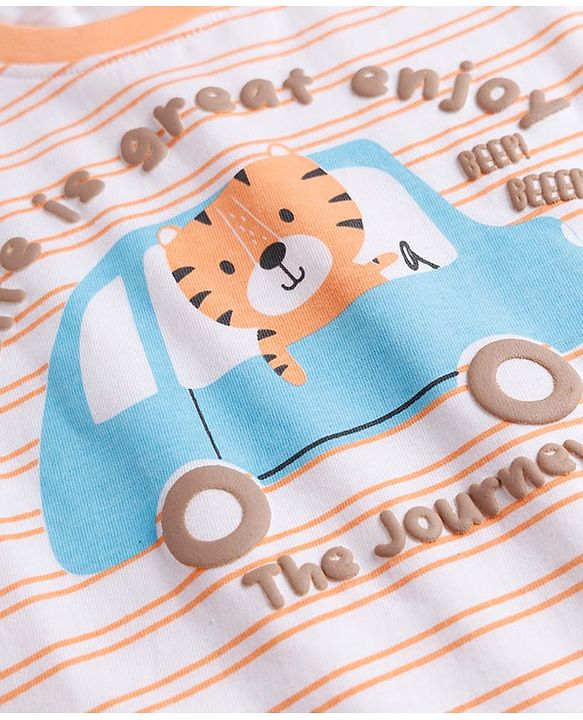 Babyhug Cotton Knit T-Shirt Half Sleeves Striped with Graphic Print Multi Color 6-9 Months
