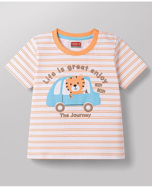 Babyhug Cotton Knit T-Shirt Half Sleeves Striped with Graphic Print Multi Color 6-9 Months