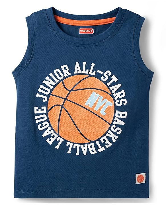 Babyhug Cotton Knit Sleeveless T-Shirt With Basketball Print - Navy Blue