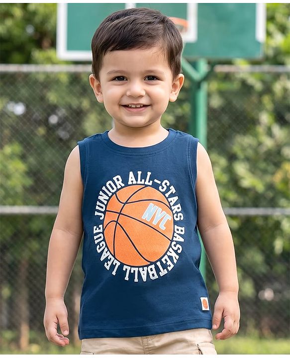 Babyhug Cotton Knit Sleeveless T-Shirt With Basketball Print - Navy Blue