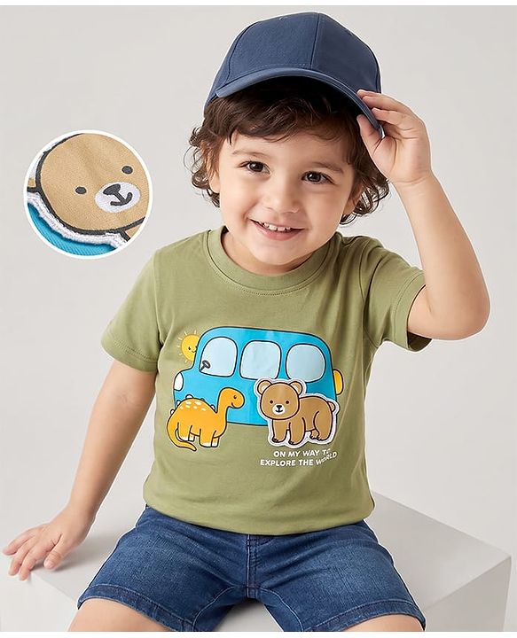 Babyhug 100% Cotton Knit Half Sleeves T-Shirt with Patch Detailing - Green