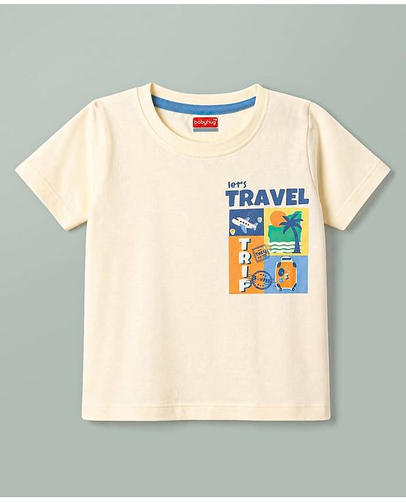Babyhug 100% Cotton Knit Half Sleeves T-Shirt with Front and Back Travel Print - Cream