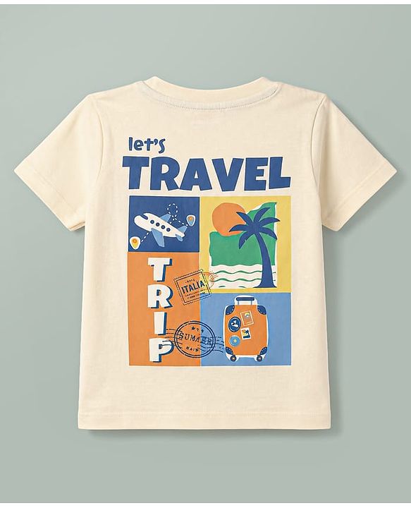 Babyhug 100% Cotton Knit Half Sleeves T-Shirt with Front and Back Travel Print - Cream