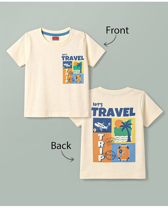 Babyhug 100% Cotton Knit Half Sleeves T-Shirt with Front and Back Travel Print - Cream