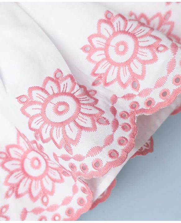 Babyhug Cotton Woven Half Sleeves Floral Embroidered  Frock - White & Pink