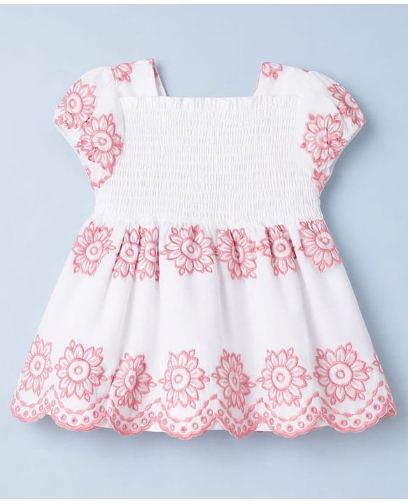 Babyhug Cotton Woven Half Sleeves Floral Embroidered  Frock - White & Pink