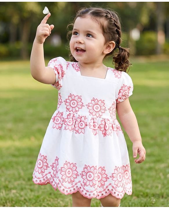 Babyhug Cotton Woven Half Sleeves Floral Embroidered  Frock - White & Pink