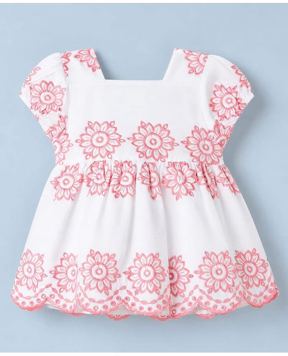Babyhug Cotton Woven Half Sleeves Floral Embroidered  Frock - White & Pink