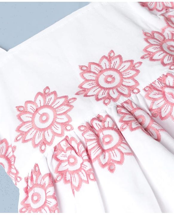 Babyhug Cotton Woven Half Sleeves Floral Embroidered  Frock - White & Pink