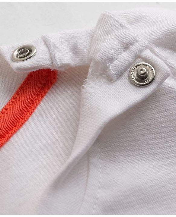 Babyhug 100% Cotton Knit Half Sleeves Striped & Text Printed T-Shirt With Beach Theme Patch - White