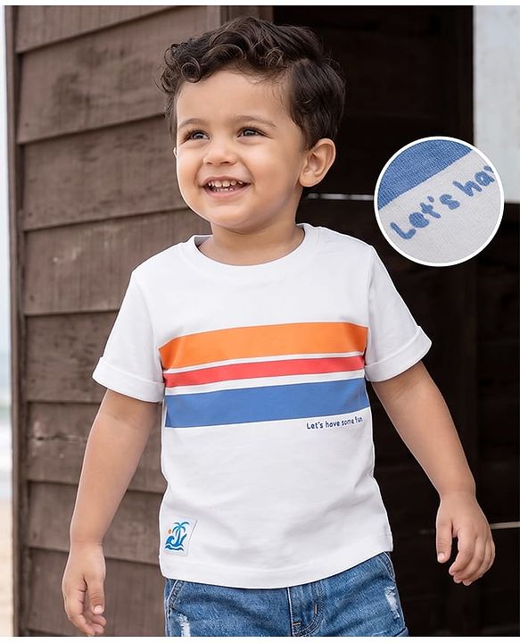Babyhug 100% Cotton Knit Half Sleeves Striped & Text Printed T-Shirt With Beach Theme Patch - White