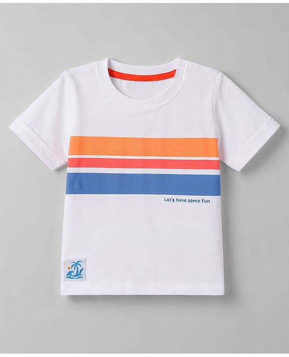 Babyhug 100% Cotton Knit Half Sleeves Striped & Text Printed T-Shirt With Beach Theme Patch - White