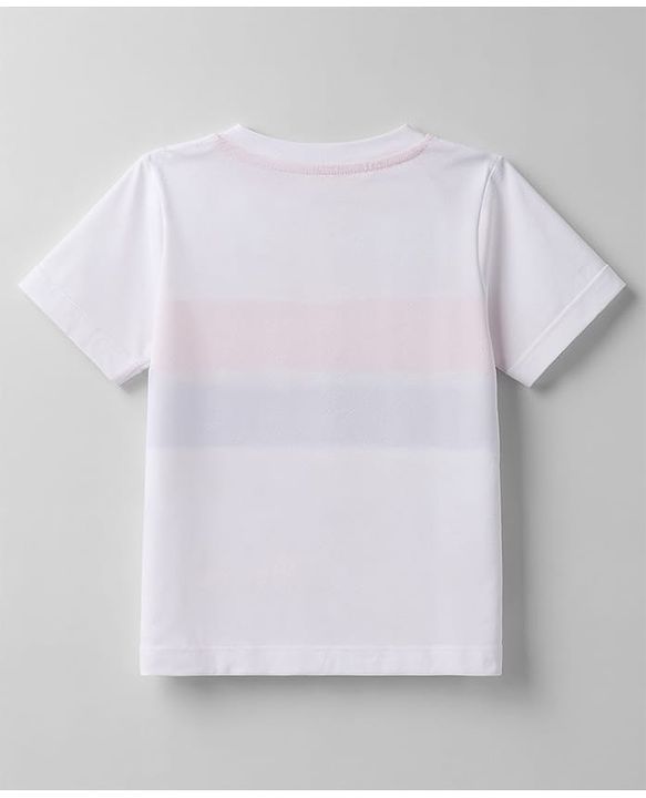 Babyhug 100% Cotton Knit Half Sleeves Striped & Text Printed T-Shirt With Beach Theme Patch - White