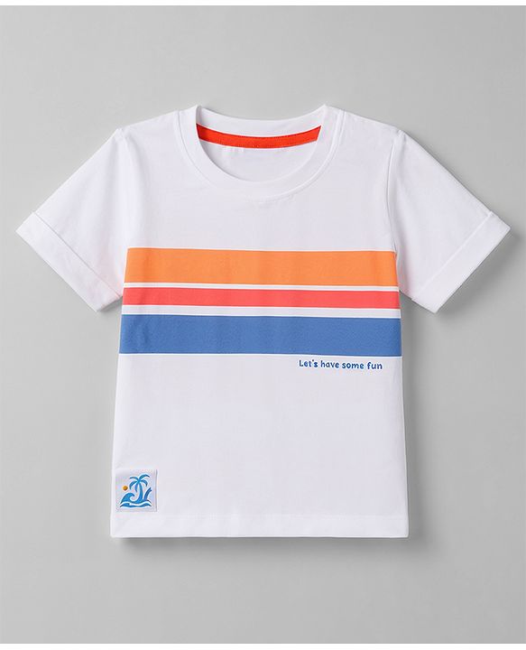 Babyhug 100% Cotton Knit Half Sleeves Striped & Text Printed T-Shirt With Beach Theme Patch - White
