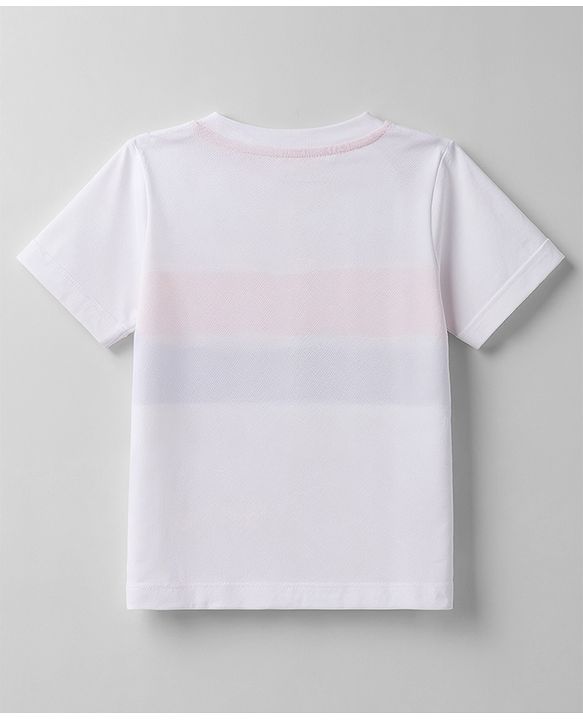 Babyhug 100% Cotton Knit Half Sleeves Striped & Text Printed T-Shirt With Beach Theme Patch - White