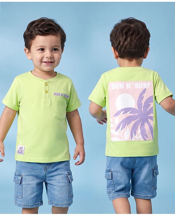 Babyhug 100% Cotton Knit Half Sleeves Henley Neck T-Shirt with Front & Back Tropical Theme Print - Light Green