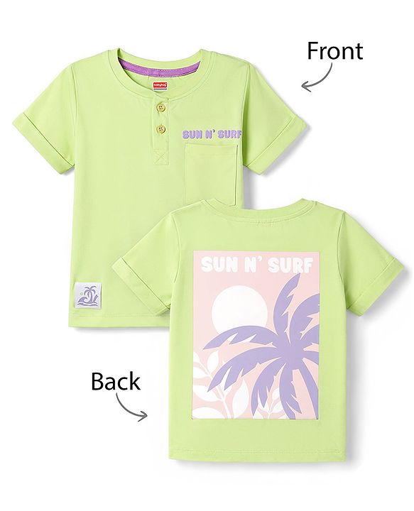 Babyhug 100% Cotton Knit Half Sleeves Henley Neck T-Shirt with Front & Back Tropical Theme Print - Light Green