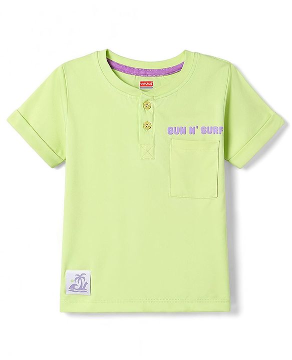 Babyhug 100% Cotton Knit Half Sleeves Henley Neck T-Shirt with Front & Back Tropical Theme Print - Light Green