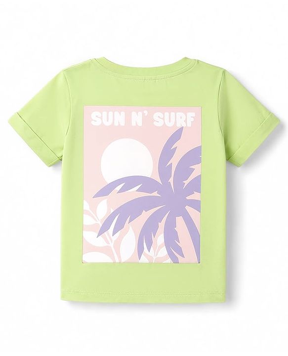 Babyhug 100% Cotton Knit Half Sleeves Henley Neck T-Shirt with Front & Back Tropical Theme Print - Light Green