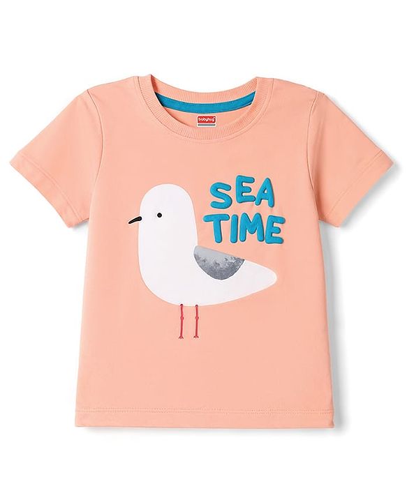 Babyhug 100% Cotton Knit Half Sleeves T-Shirt With Birds Print - Peach