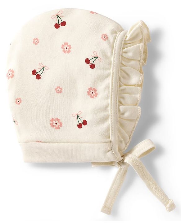 Babyhug 100% Cotton Interlock Knit Baby Caps With Floral Cherry & Polka Dots Print Pack of 2 Multicolor - Diameter 10.5 cm
