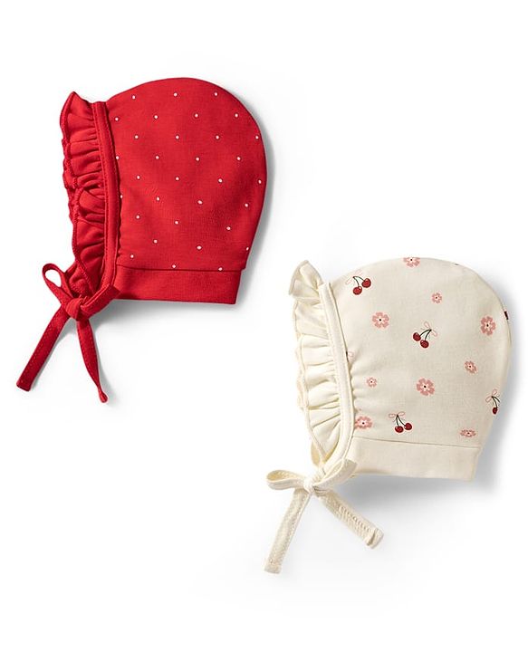 Babyhug 100% Cotton Interlock Knit Baby Caps With Floral Cherry & Polka Dots Print Pack of 2 Multicolor - Diameter 10.5 cm