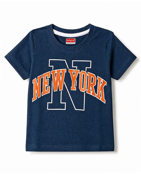 Babyhug 100% Cotton Knit Half Sleeves T-Shirt With New York Print - Navy Blue