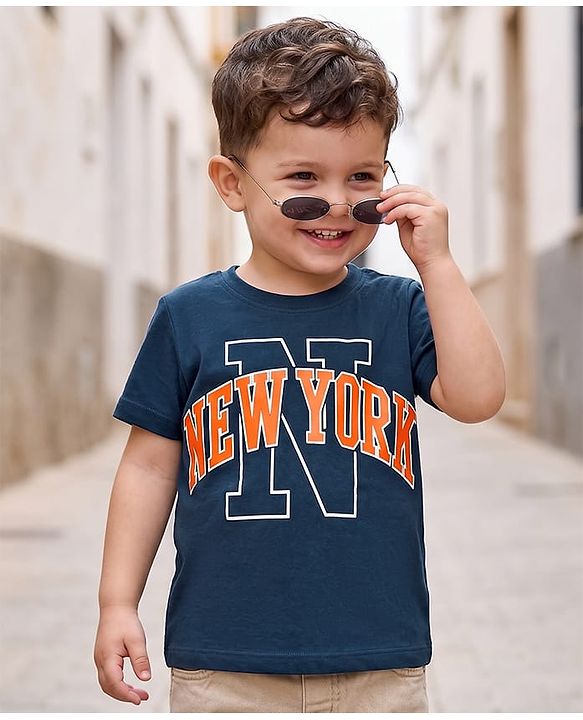 Babyhug 100% Cotton Knit Half Sleeves T-Shirt With New York Print - Navy Blue