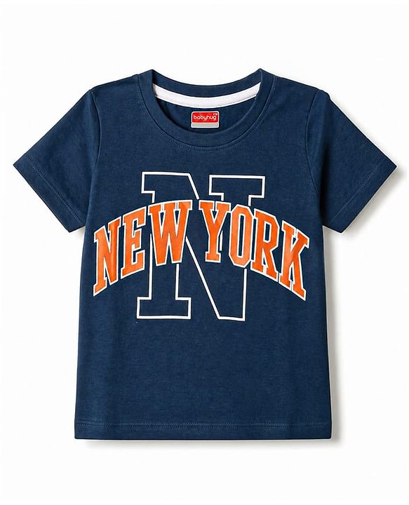 Babyhug 100% Cotton Knit Half Sleeves T-Shirt With New York Print - Navy Blue