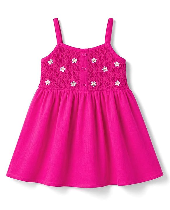 Babyhug Cotton Woven Sleeveless One Piece Dress with   Floral Embroidery - Fuchsia