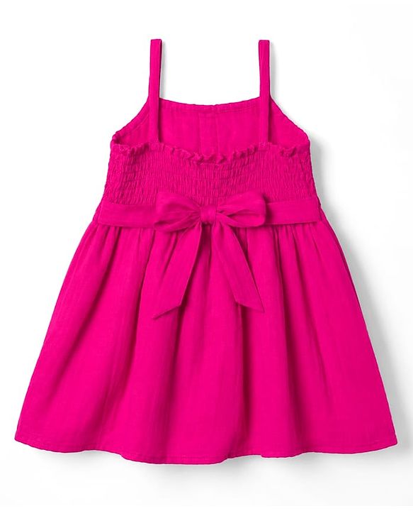 Babyhug Cotton Woven Sleeveless One Piece Dress with   Floral Embroidery - Fuchsia