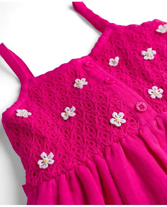 Babyhug Cotton Woven Sleeveless One Piece Dress with   Floral Embroidery - Fuchsia