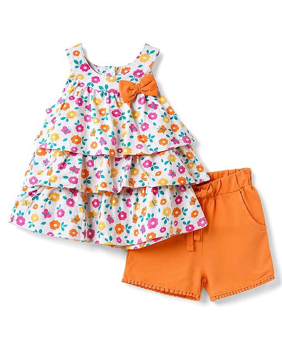 Babyhug Single Jersey Knit Sleeveless Top & Shorts Set With Floral Print - Multicolor