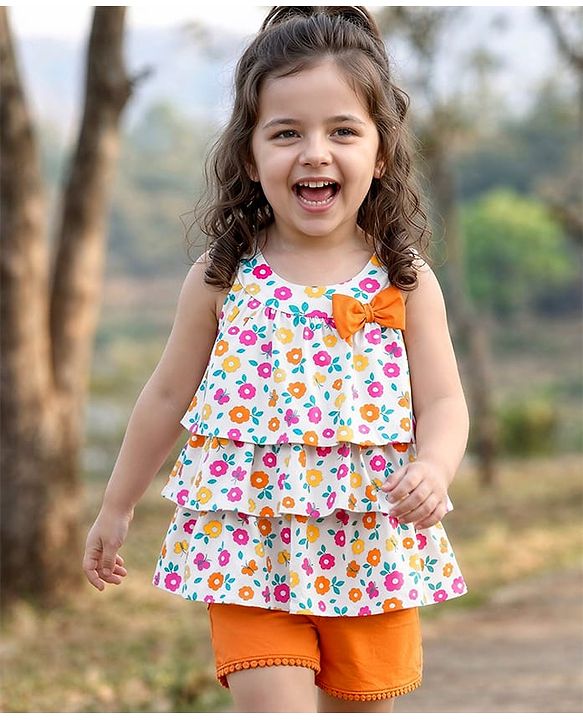 Babyhug Single Jersey Knit Sleeveless Top & Shorts Set With Floral Print - Multicolor