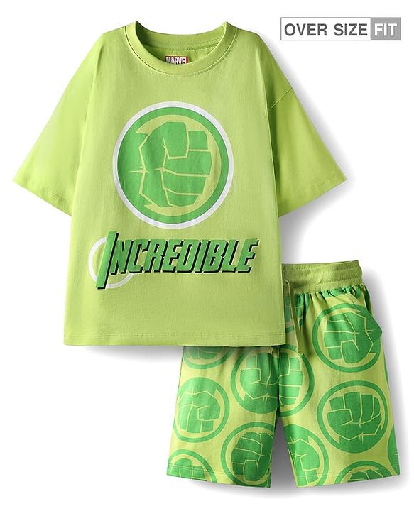 Pine Kids Marvel Single Jersey Knit Half Sleeves T-Shirt & Shorts Set With Avengers Graphics - Green