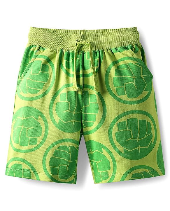 Pine Kids Marvel Single Jersey Knit Half Sleeves T-Shirt & Shorts Set With Avengers Graphics - Green