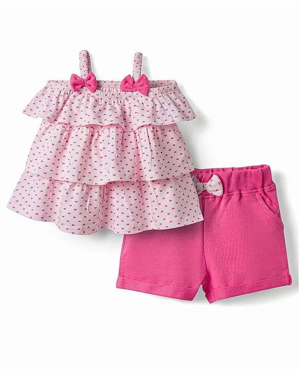 Babyhug Single Jersey Knit Sleeveless Top & Shorts Set with Heart Print & Bow Applique - Pink