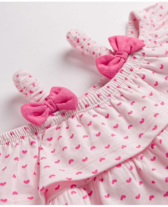 Babyhug Single Jersey Knit Sleeveless Top & Shorts Set with Heart Print & Bow Applique - Pink