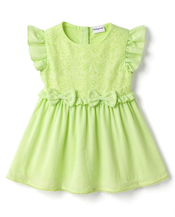 Babyhug Cotton Woven Flutter Sleeves Frock With Bow Applique - Light Green